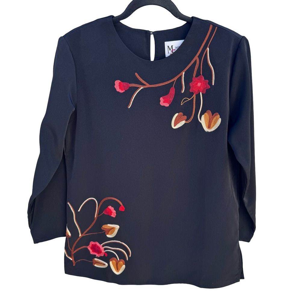 Maggie Sweet Vintage 90s Dark Floral Embroidered Blouse Art Deco Boho Womens S